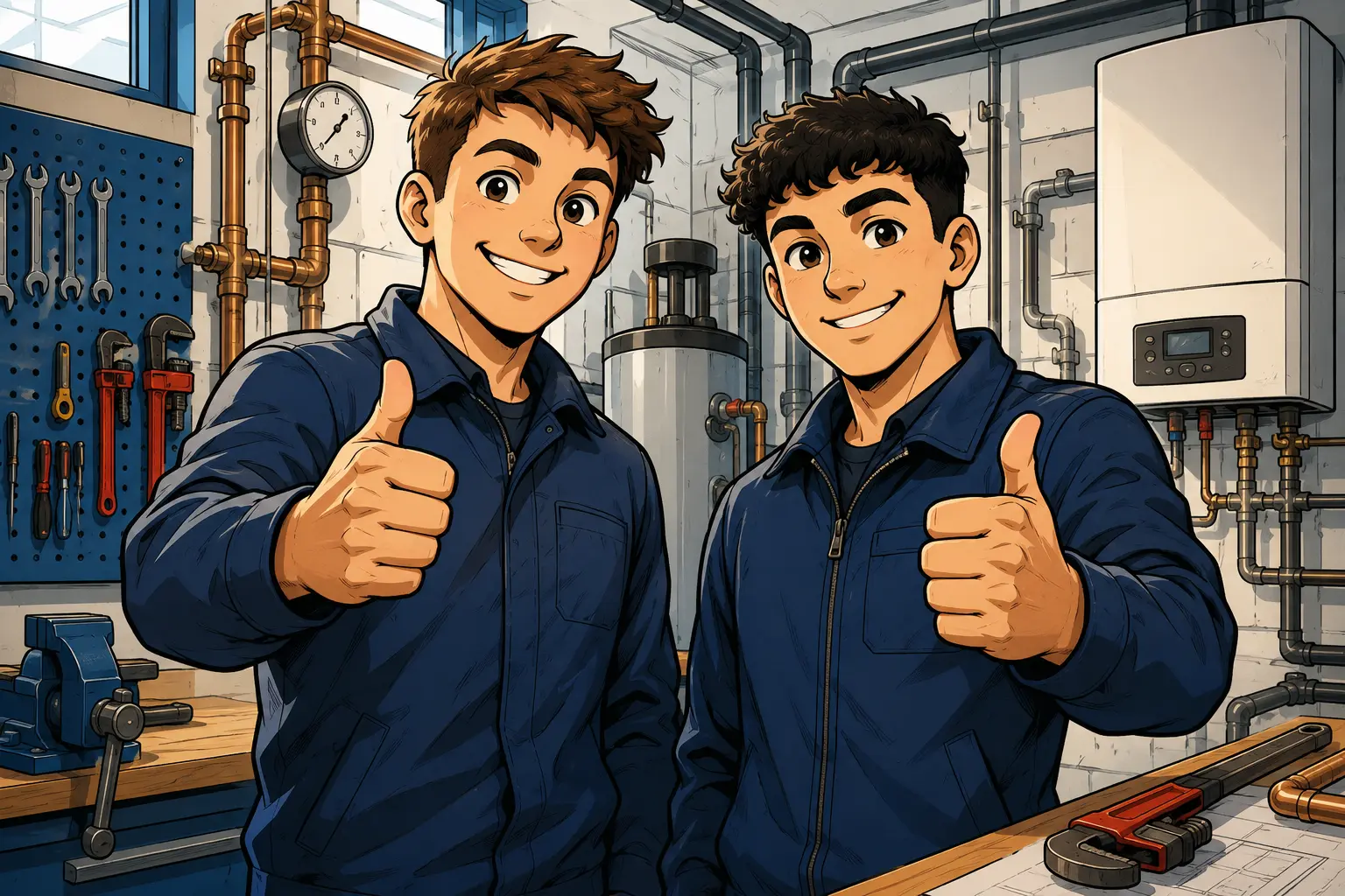 Comic-Illustration von zwei jungen SHK-Auszubildenden in Arbeitskleidung, die selbstbewusst mit Daumen nach oben in einer modernen Werkstatt stehen. Im Hintergrund sind typische SHK-Elemente wie Rohrleitungen, Werkzeuge, Armaturen und technische Anlagen zu sehen. Die freundliche, dynamische Darstellung vermittelt Teamgeist, Motivation und einen positiven Start in die Ausbildung.